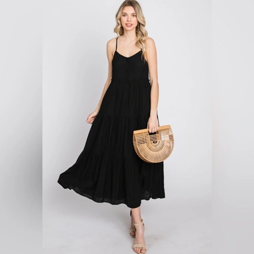 Pinkblush button front ruffle tiered maxi dress nwot